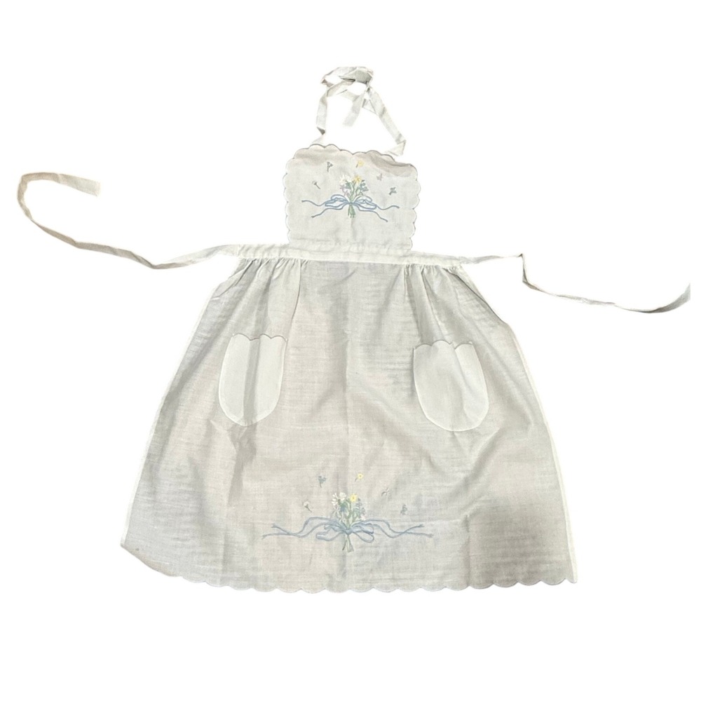 Vtg 1985 White Embroidered Floral Apron Scallop Edge Tulip Pockets Linen L/XL